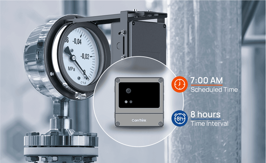 NE101 AI Camera mounted near industrial pressure gauge for scheduled image capture