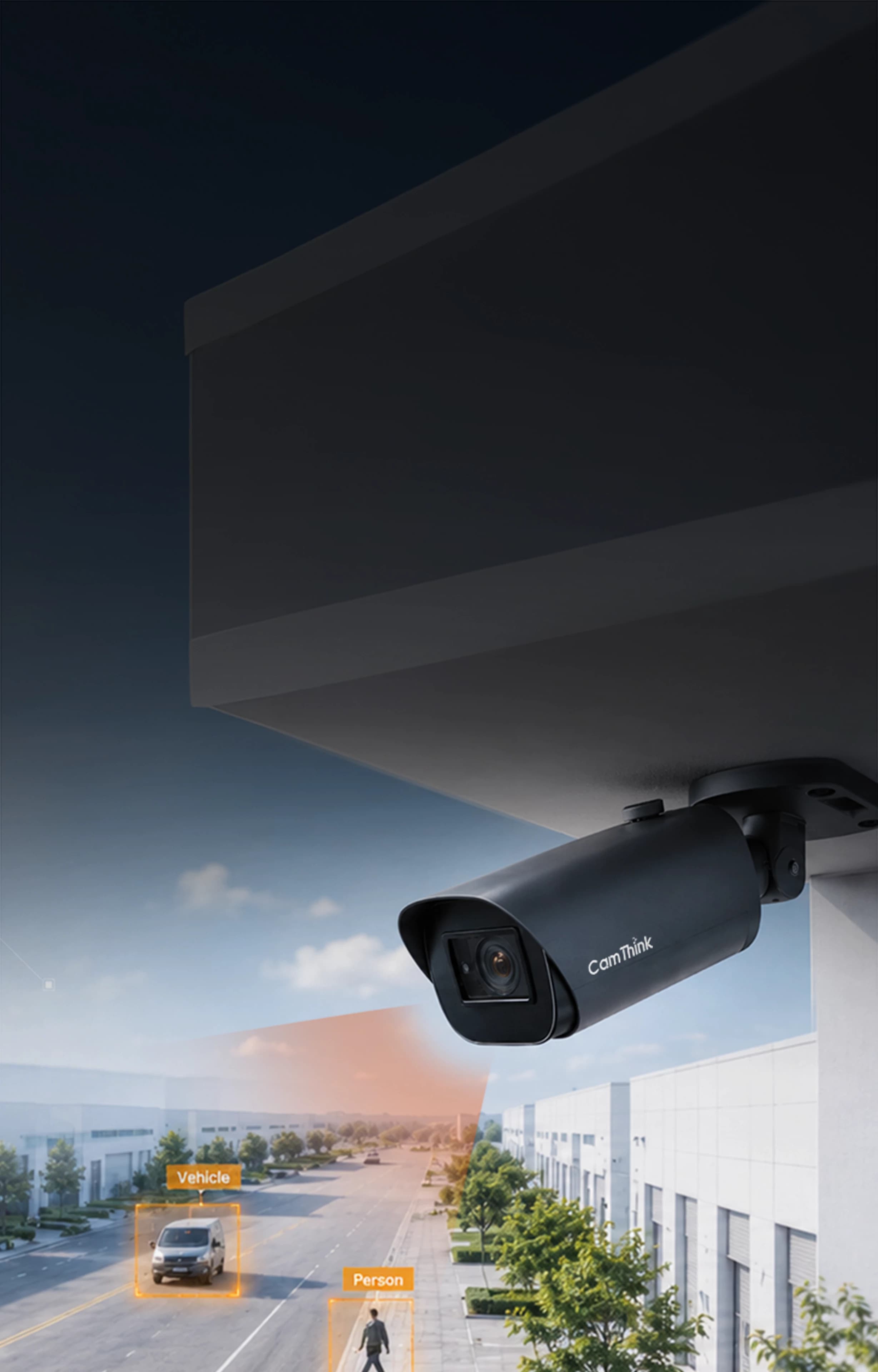 NeoEyes NE503 edge AI camera detecting vehicles, workers, and perimeter events at an industrial facility
