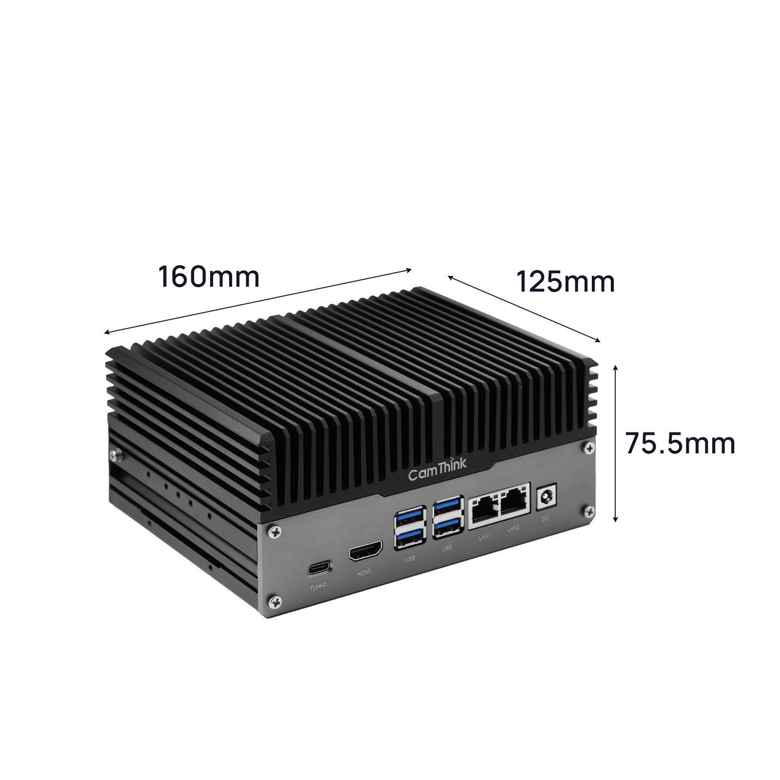 jetson-orin-nx-ai-box CamThink NG4500 dimensions labeled: 160mm width, 120mm depth, 75.5mm height