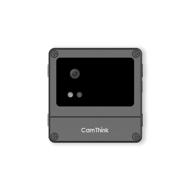 Front view of CamThink NE101 AI Camera with black glass lens cover and compact housing