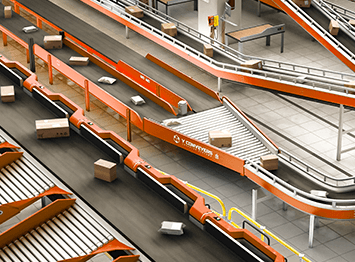 Smart conveyor belts sorting packages in automated warehouse powered by edge AI
