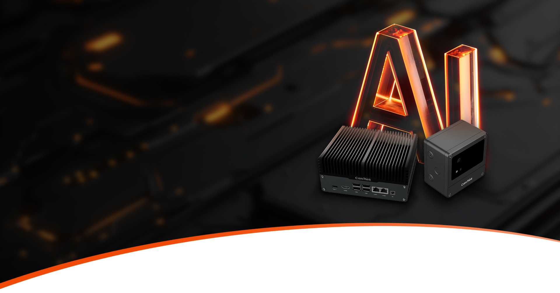 CamThink Vision AI devices with glowing AI text