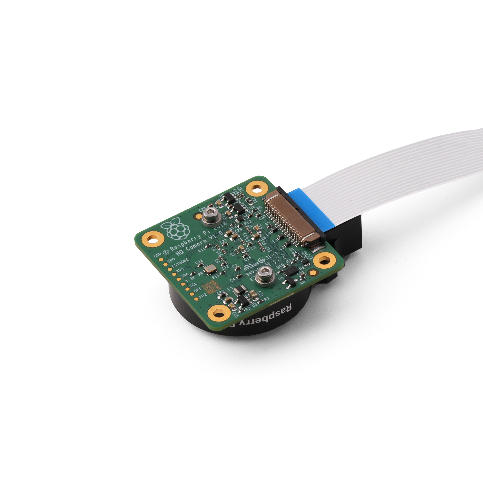 raspberry-pi-imx477-camera-module-rear-view-with-ribbon-cable Back view of Raspberry Pi IMX477 camera board with exposed PCB and ribbon cable