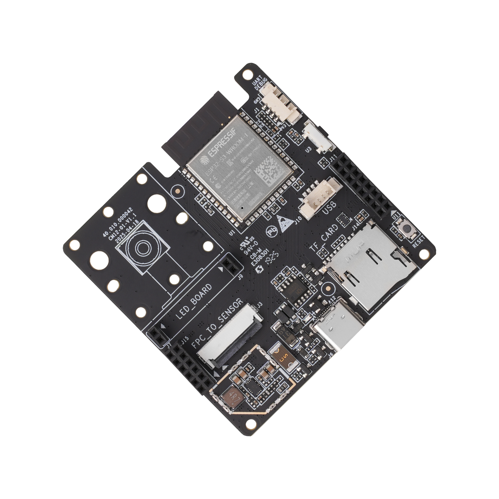 ne101-dev-board Diagonal angle of NE101 smart camera mainboard highlighting compact 60mm PCB size
