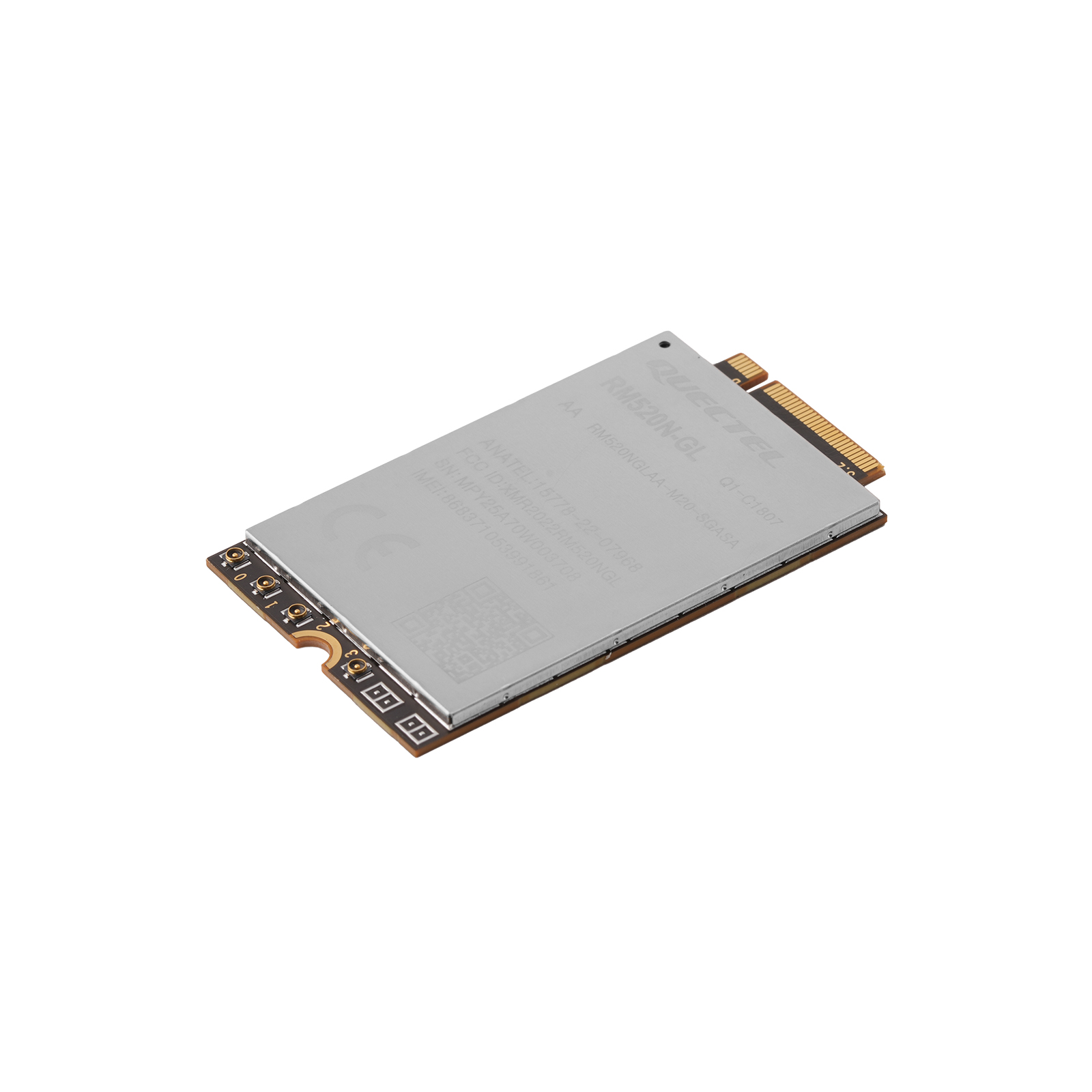 quectel-5g-gnss-aiot-module Angled view of 5G mini PCIe module with metal shielding