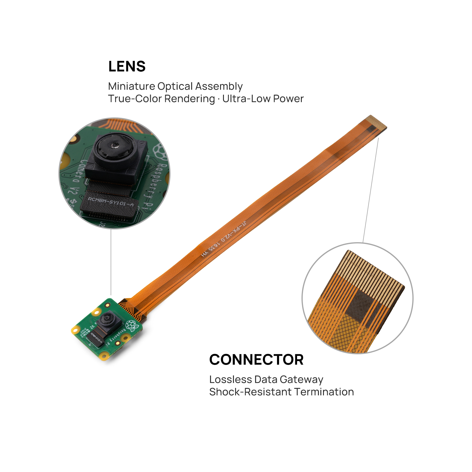 Raspberry Pi IMX219 camera module with labeled diagram showing lens, ribbon cable, and connector for precise imaging applications.