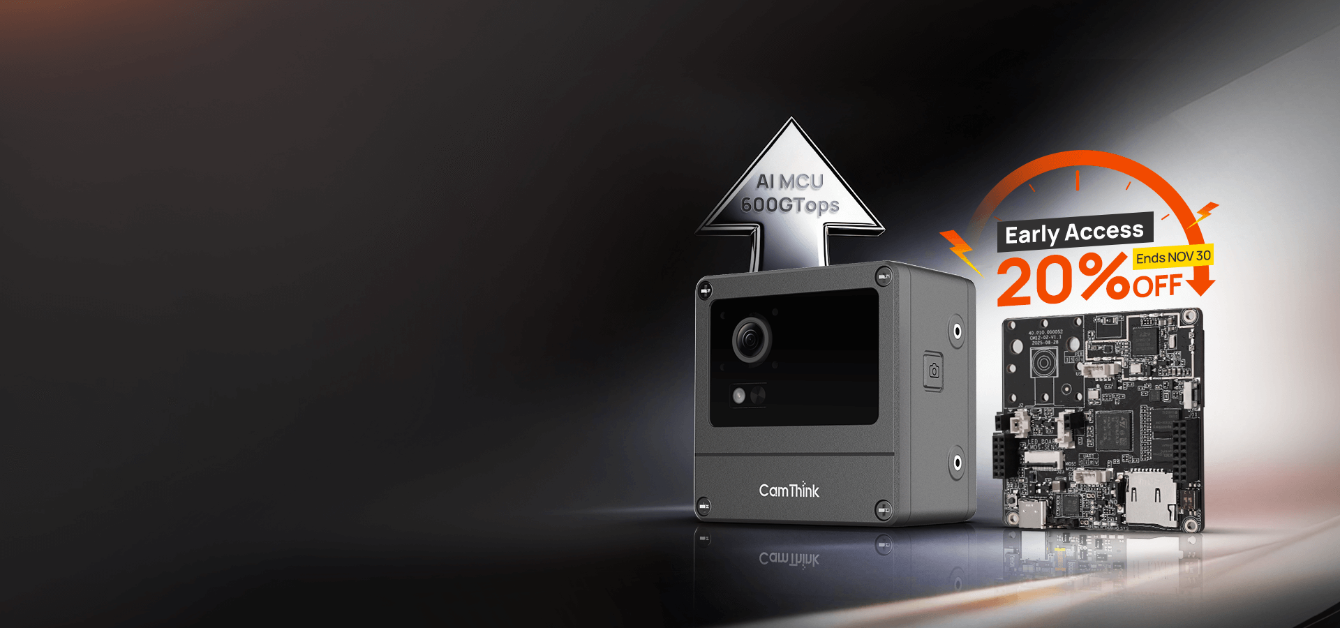 CamThink homepage banner with abstract red and orange vision AI dots