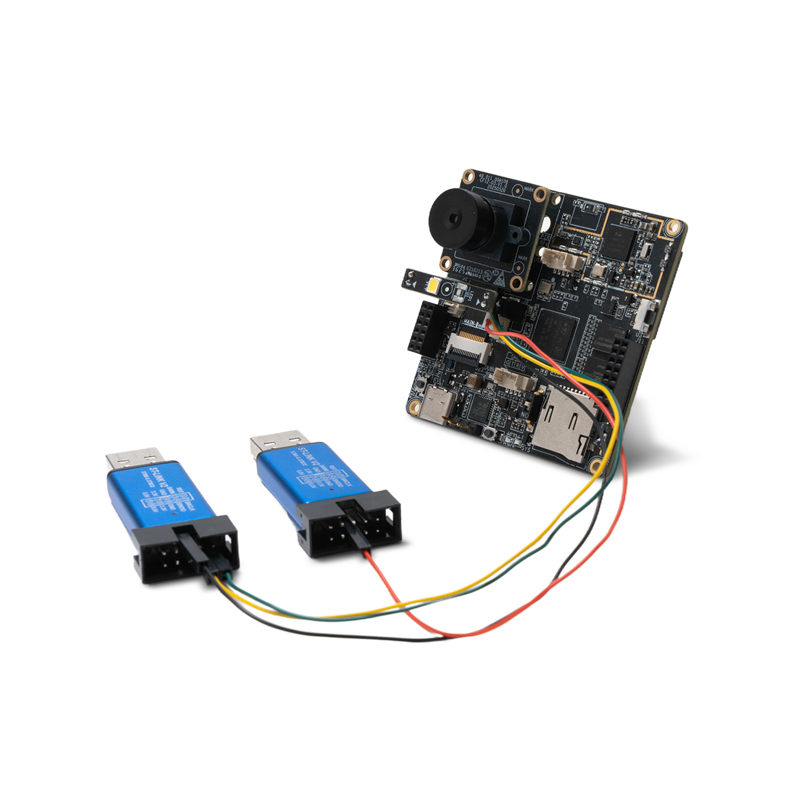 Real-world wiring example showing two ST-LINK V2 programmers connected to an NE301 camera main board for firmware development.