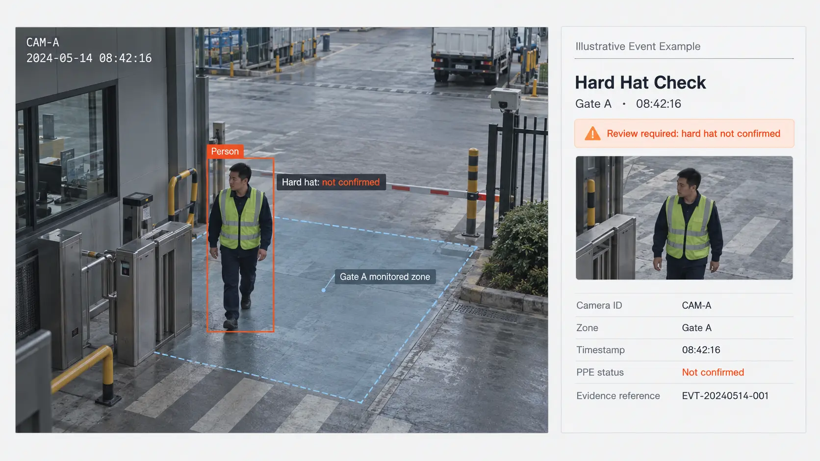 From PPE detection to reviewable safety events PPE detections connected to person and zone logic to create reviewable safety events