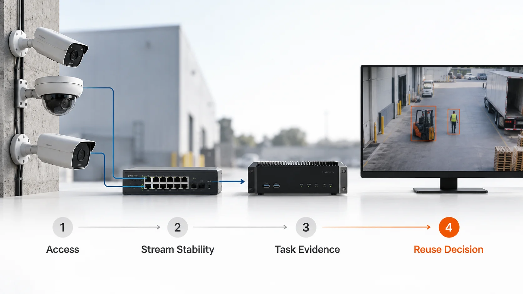 IP camera to edge AI workflow Workflow from an existing IP camera through an edge AI system to an application