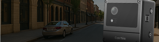 NE301 deployed in an outdoor street scene, showing Flexible Power options (PoE/Battery) and IP67 readiness.