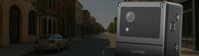 NE301 deployed in an outdoor street scene, showing Flexible Power options (PoE/Battery) and IP67 readiness.