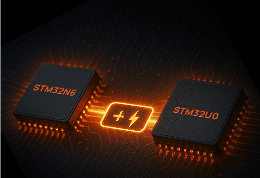 Close-up of the STM32N6 NPU chip, delivering 600 GTOPS (0.6 TOPS) of on-device AI performance.