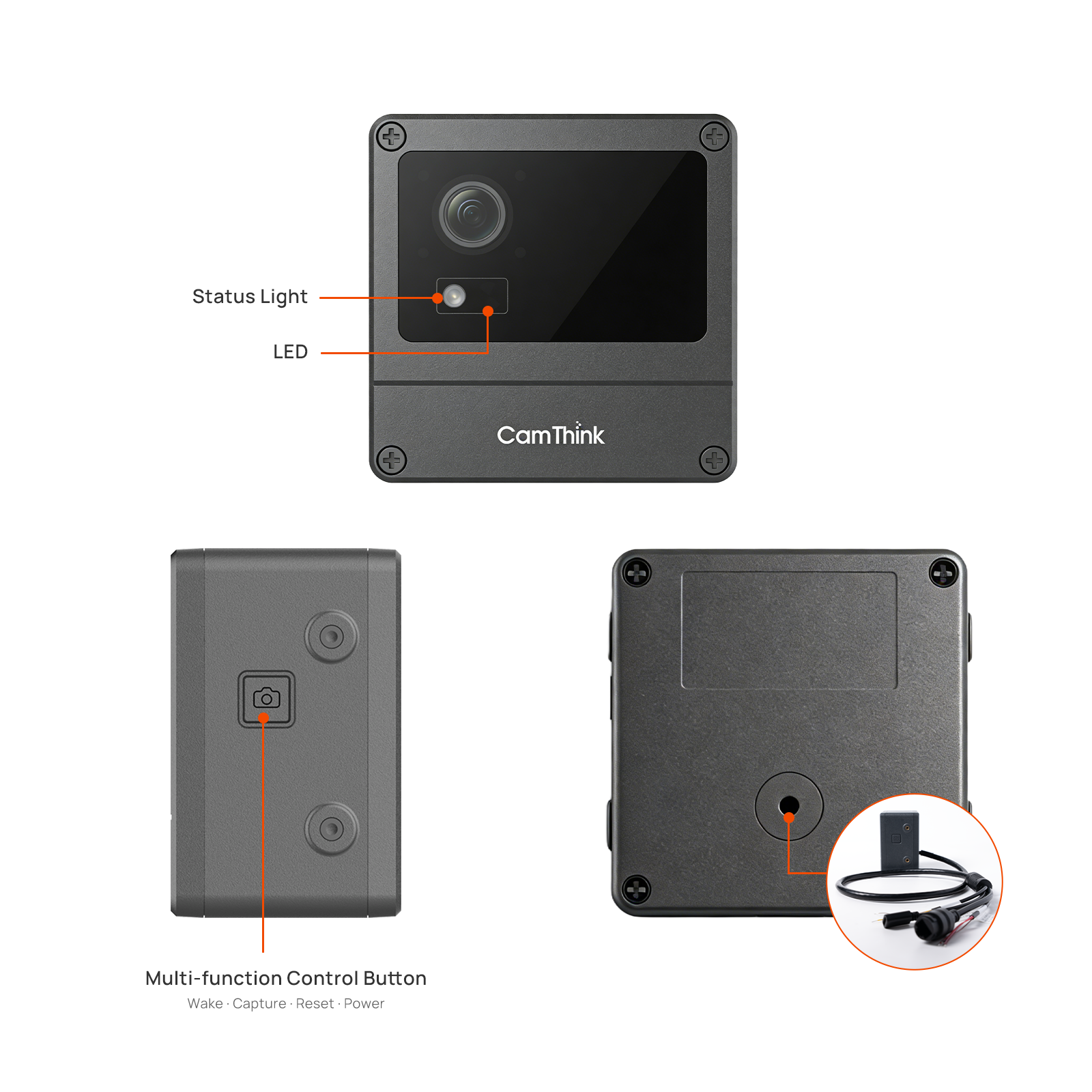 ne301-poe-interface-and-button-layout Detailed diagram of NE301 PoE camera interfaces including multi-function control button and status LED.