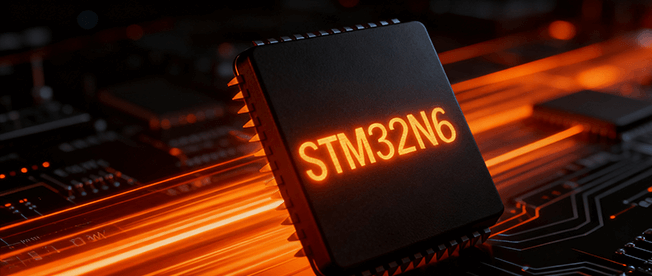 Close-up of the STM32N6 NPU chip, delivering 600 GTOPS (0.6 TOPS) of on-device AI performance.