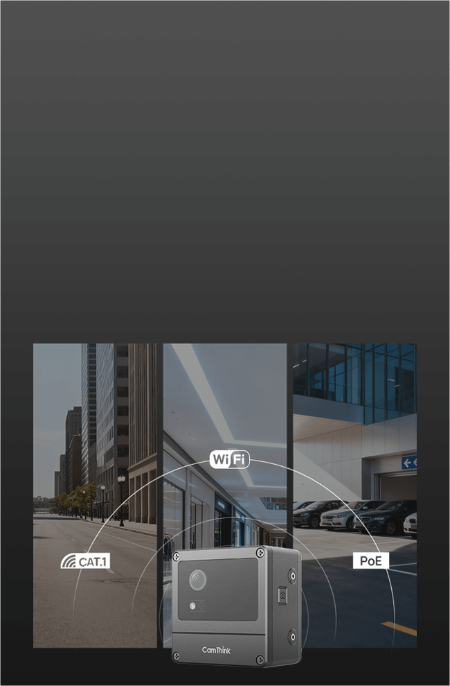Connect & Install feature for CamThink, showing Web UI import, on-device inference, and local or OTA deployment