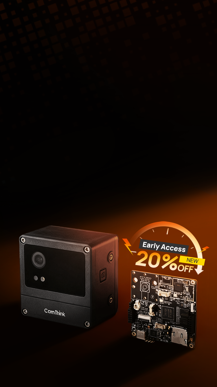 CamThink homepage banner with abstract red and orange vision AI dots