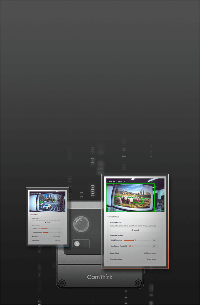 Deploy your AI Model feature for CamThink, showing Web UI import, on-device inference, and local or OTA deployment