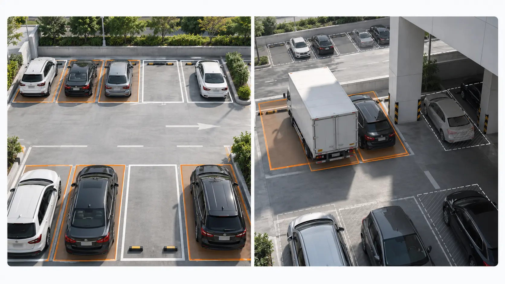 Parking occupancy camera views showing clear and obstructed parking spaces