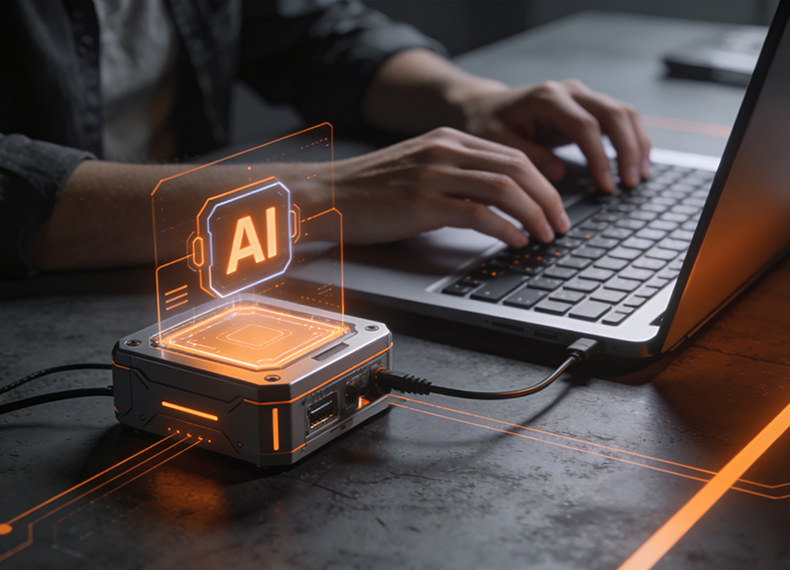 Developer using laptop to configure powerful Edge AI solution device for vision processing.