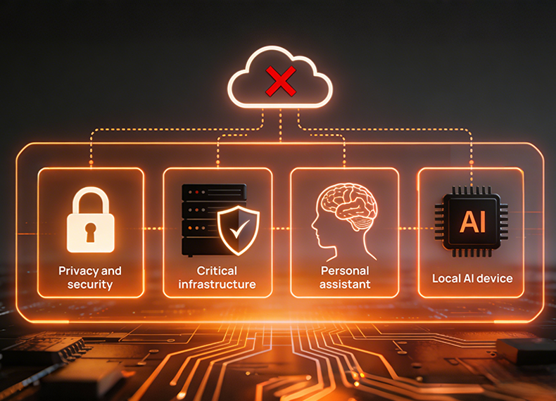 Controllable Edge AI System architecture focusing on privacy, critical infrastructure, and local device intelligence.
