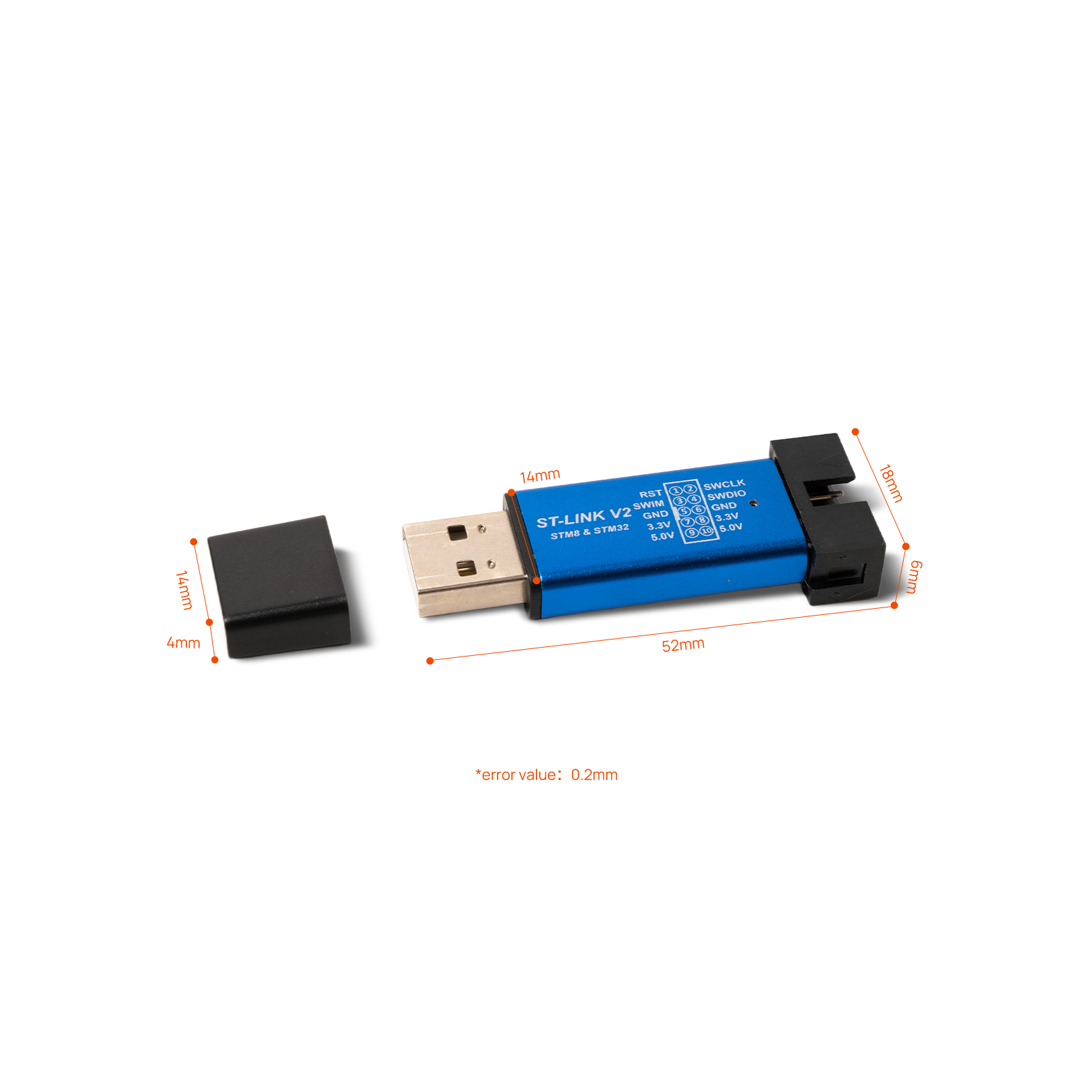 Technical diagram showing the dimensions of an ST-LINK V2 debugger, including a length of 52mm and width of 18mm with a removable USB cap.