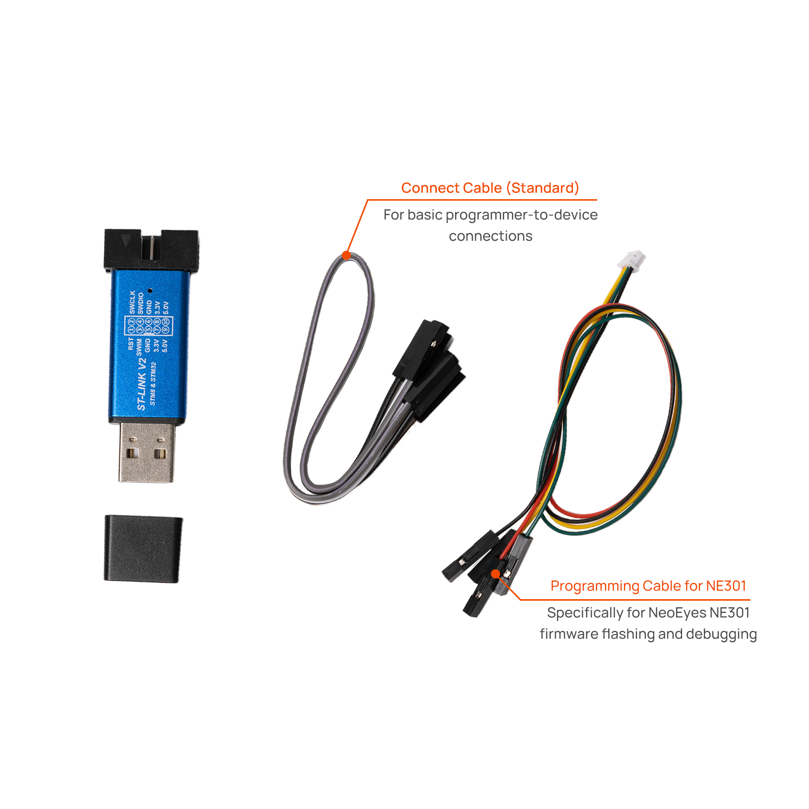 Comparison of a standard connection cable and a specialized programming cable designed for NeoEyes NE301 firmware flashing and debugging.