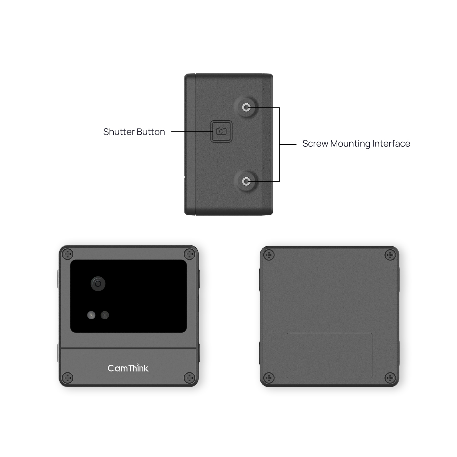 ne101-vision-ai-camera-three-quarter-view-showcasing-texture CamThink NE101 AI Camera with front, rear, and side views highlighting shutter button and screw mounting interface