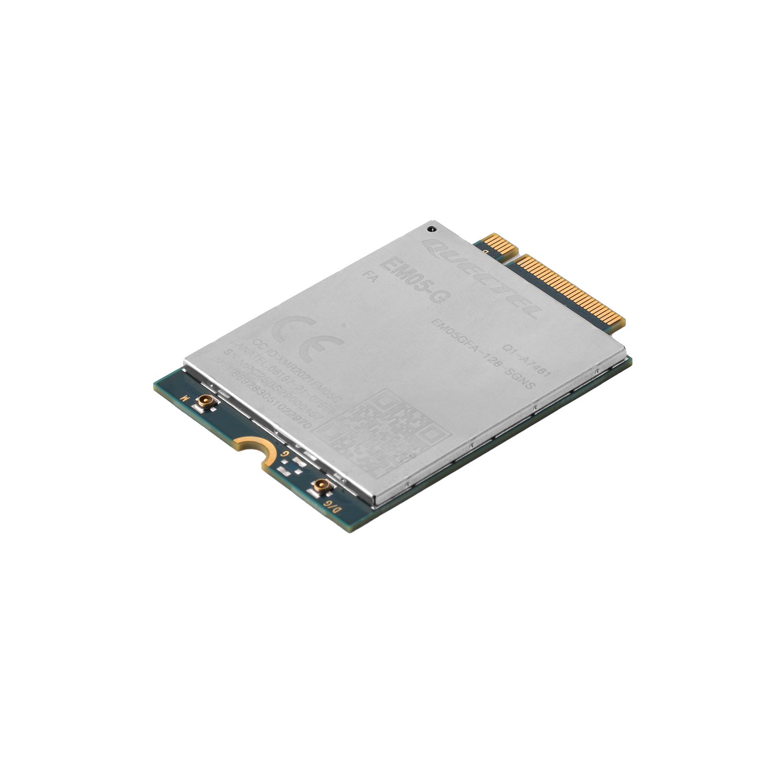 Angled side view of slim 4G module with gold connector