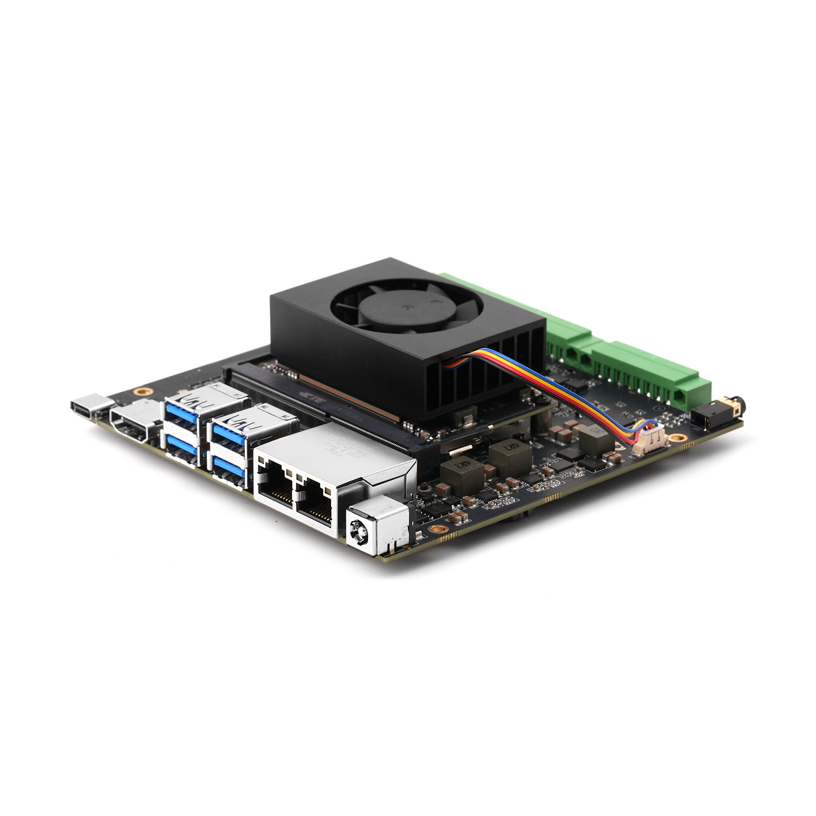 Jetson Orin carrier board with mounted active cooling fan for edge AI applications