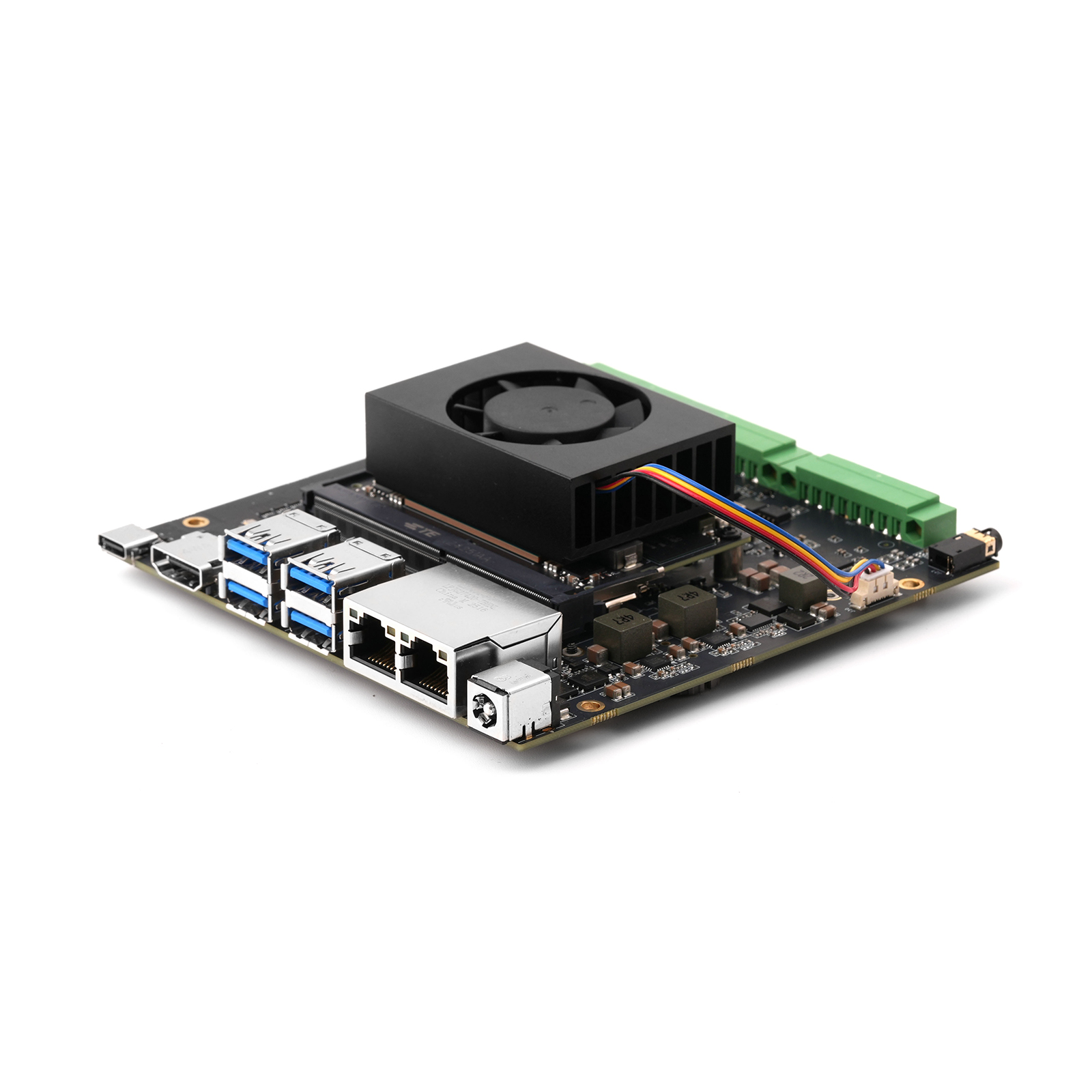 edge-ai-carrier-board-with-fans NG4500 expansion board with mounted Jetson module and active heatsink fan system