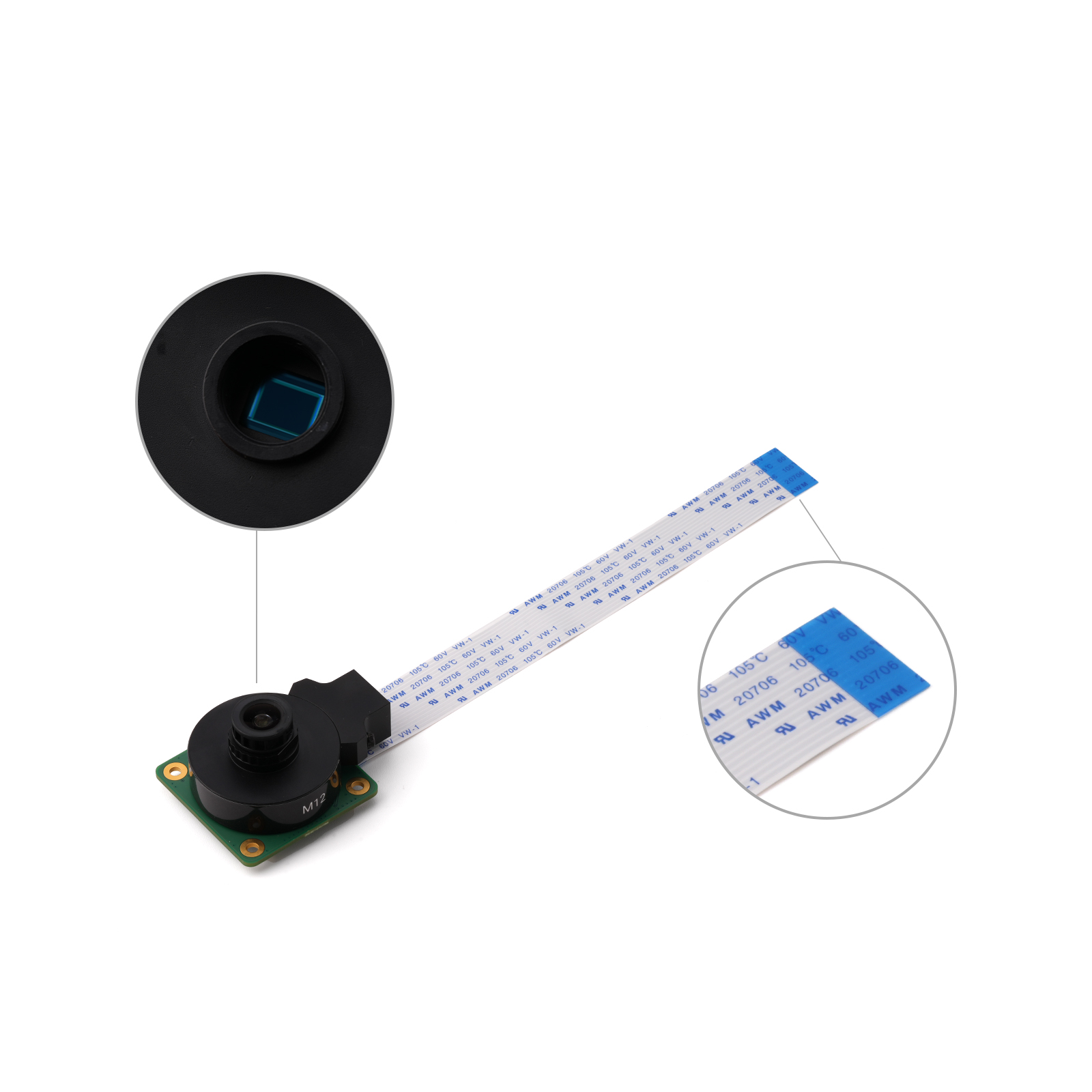 Raspberry Pi IMX477 HQ camera module with detachable lens and FPC ribbon cable